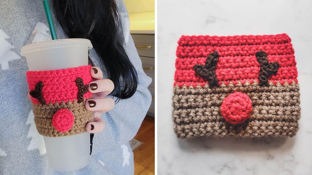 Two images of the Crochet Reindeer Cozy. Left: displayed on an iced coffee mug. Right: Laying flat on a counter. The yarn colors are red, light brown and dark brown. 