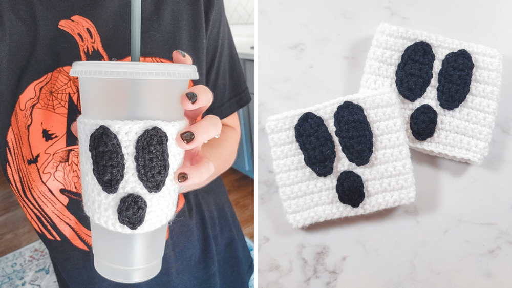 Two side by side images. Left featuring a hand holding an iced coffee mug with the crochet ghost cozy. Right, two crochet ghost cozies lying flat on a marble countertop. 