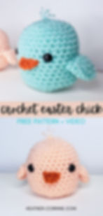 A Pinterest graphic for the crochet easter chick free pattern + video; showing two chicks, one pink and one blue yarn. 