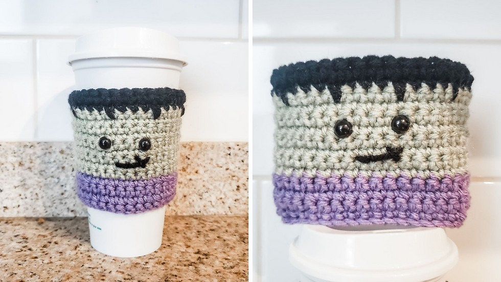 Crochet Frankenstein Coffee Cozy Free Pattern Displayed on Mug and flat.