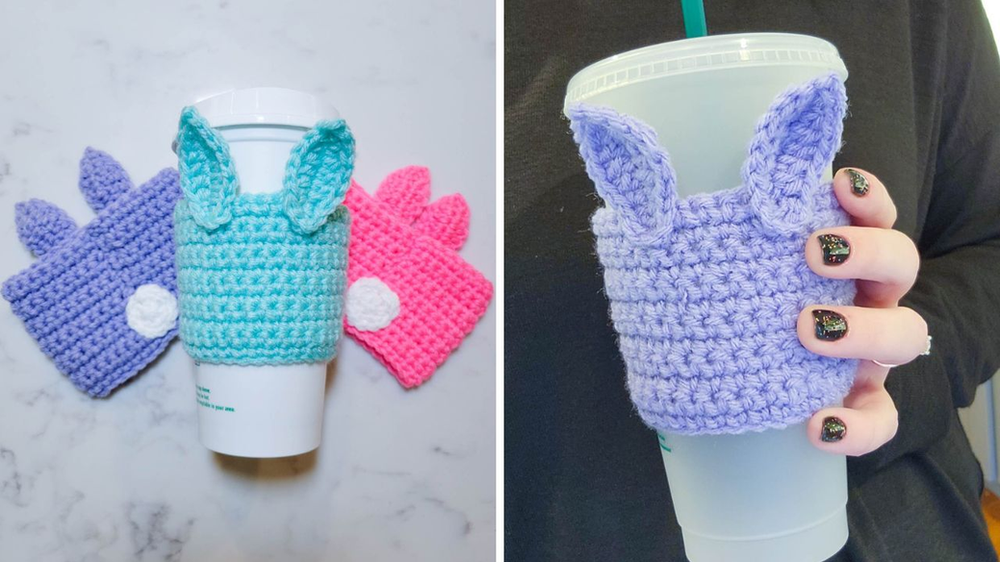 Two Images of the Crochet Bunny Cozy. Left the minty blue on a grande mug and the purple and pink on either side. Right: Light Jasmine on a venti mug held in hand. 