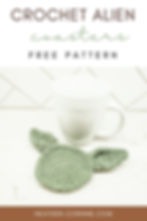 Pinterest graphic for the crochet baby alien coasters.