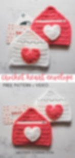 A Pinterest graphic for the Crochet Heart Envelope Free Pattern + Video; Two images of the Crochet Heart Envelope Gift Card Holders holding gift cards. 