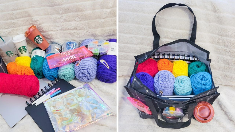 Two photos: Left showing yarn and crochet supplies scattered; right showing all supplies neatly organized in the Zip-Top Organizing Utility Tote. 