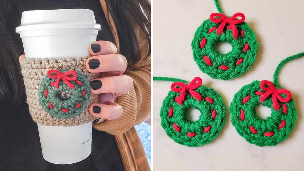 Left: Hand holding a travel mug with the crochet mini Christmas wreath cozy on it. Right: Three completed crochet mini wreaths. 