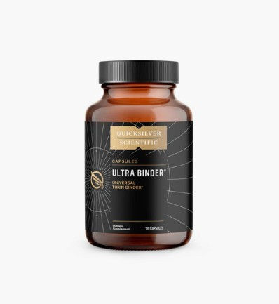 Amber bottle with black label and cap with white and god words Ultra Binder universal toxin binder 120 capsules.