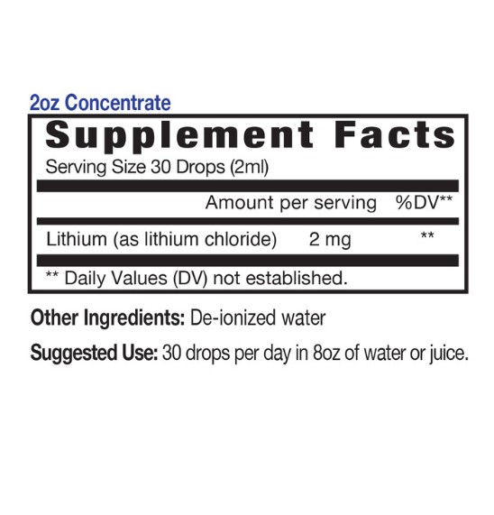Supplement Facts serving size 30 drops 2ml in 8oz of water, Lithium as Lithium chloride, Other ingredients, De-ionized water