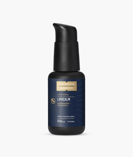 50 ml Black bottle with black pump top, Blue label with gold and white type,  Liposomal Lipocalm pharmagaba botanicals,