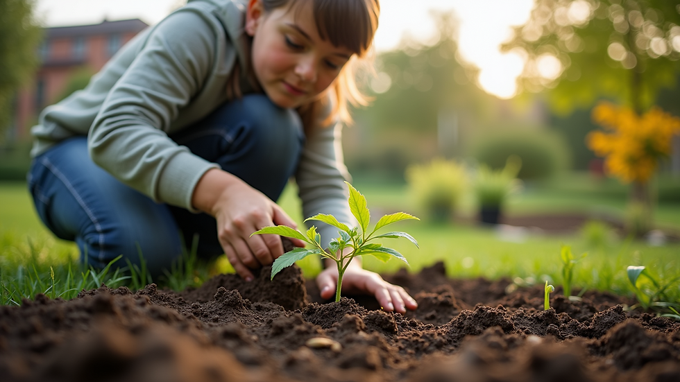 Eye-level view of a young adult planting a tree in a community garden