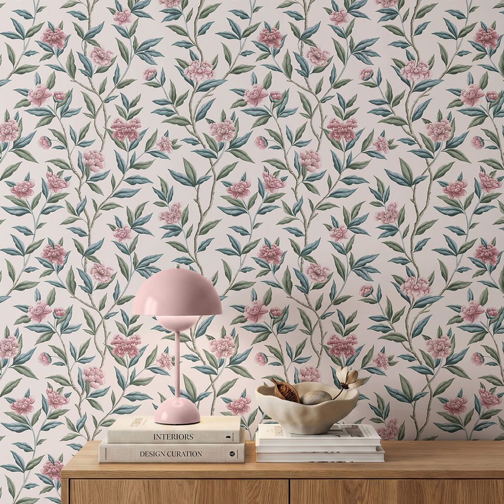 Yvette Chinoiserie Wallpaper - pink trailing peonies on soft pink background