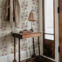 Chinoiserie Wallpaper Elodie Pomegranate - soft red and warm green cream background