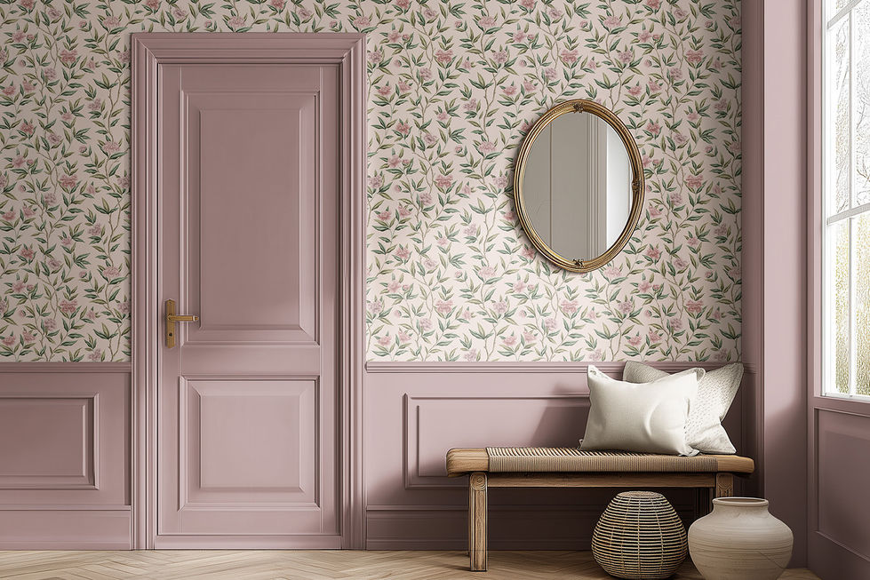 Yvette Chinoiserie Wallpaper - pink trailing peonies on peach background