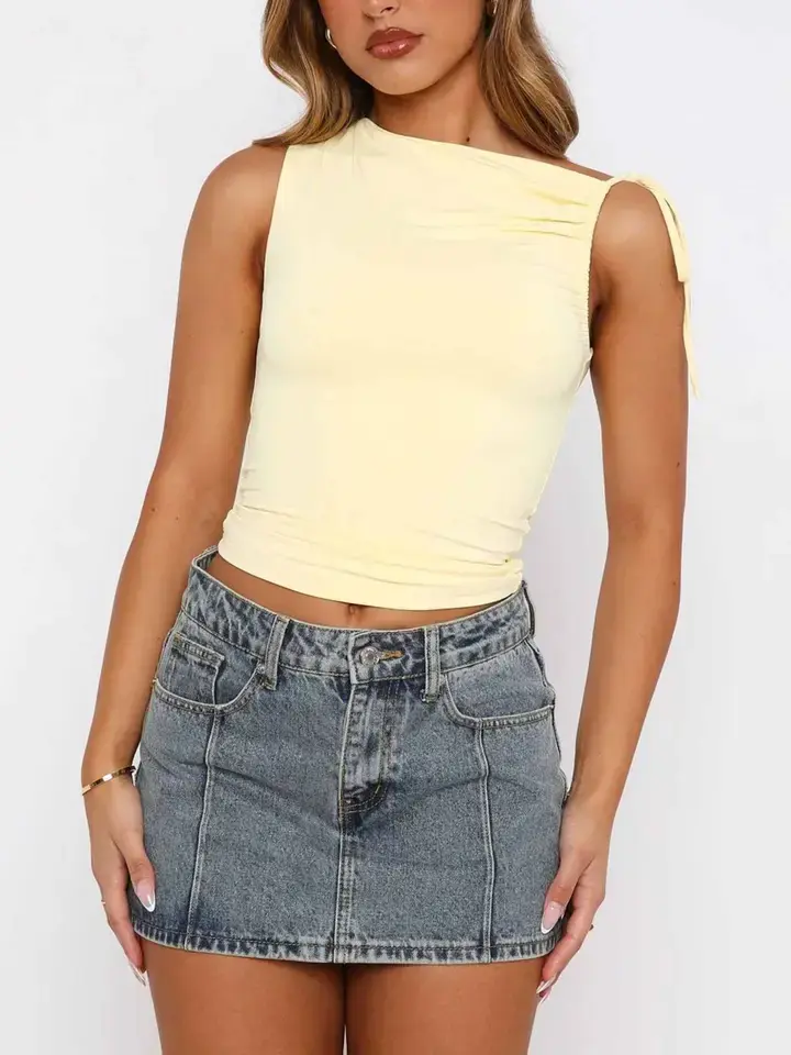 Slant Collar Drawstring Blouse
