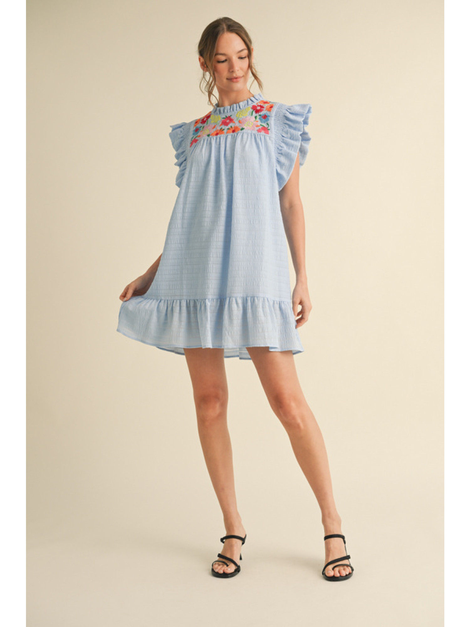 Ruffle Sleeve Embroidered Dress