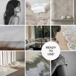 Curated neutral-toned aesthetic moodboard featuring serene coastal views, minimalist architecture, faceless female portraits,