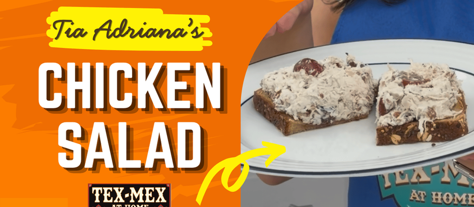 Chicken salad is spread on multigrain toast. The title reads “Tia Adriana’s Chicken Salad”.