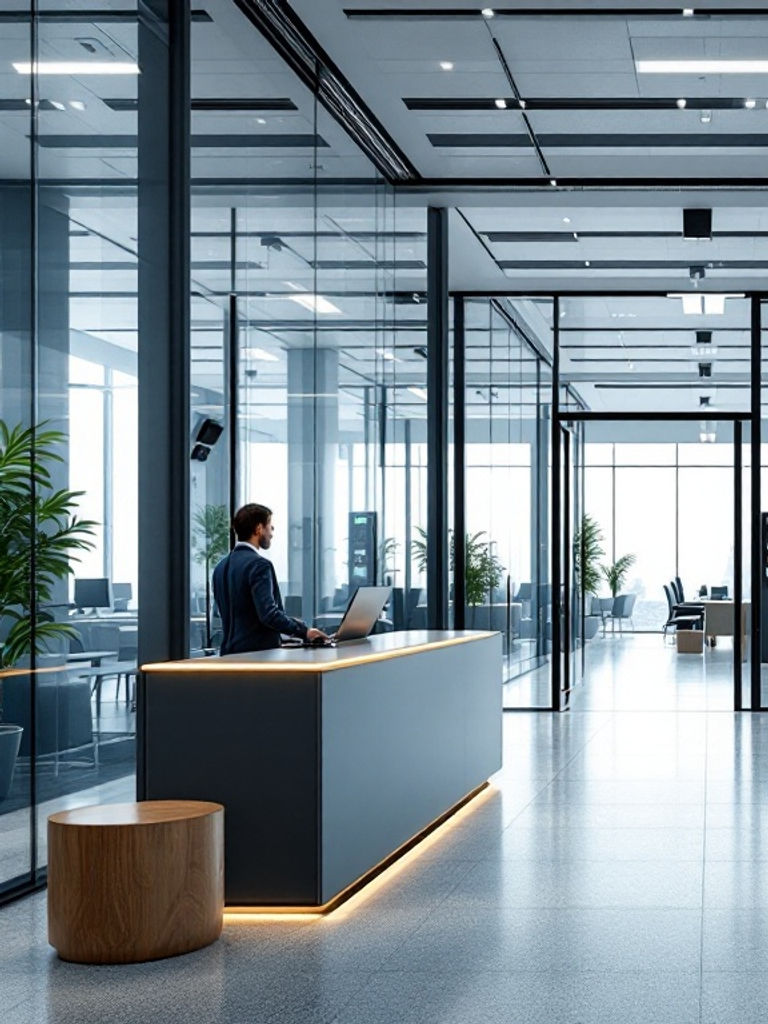 Man working at a modern office reception desk with glass walls and a view of a city skyline