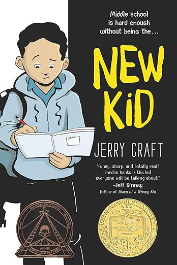 Book cover of New Kid by Jerry Craft: a worried boy in a blue hoodie writes in a notebook on a black background, with award seals.