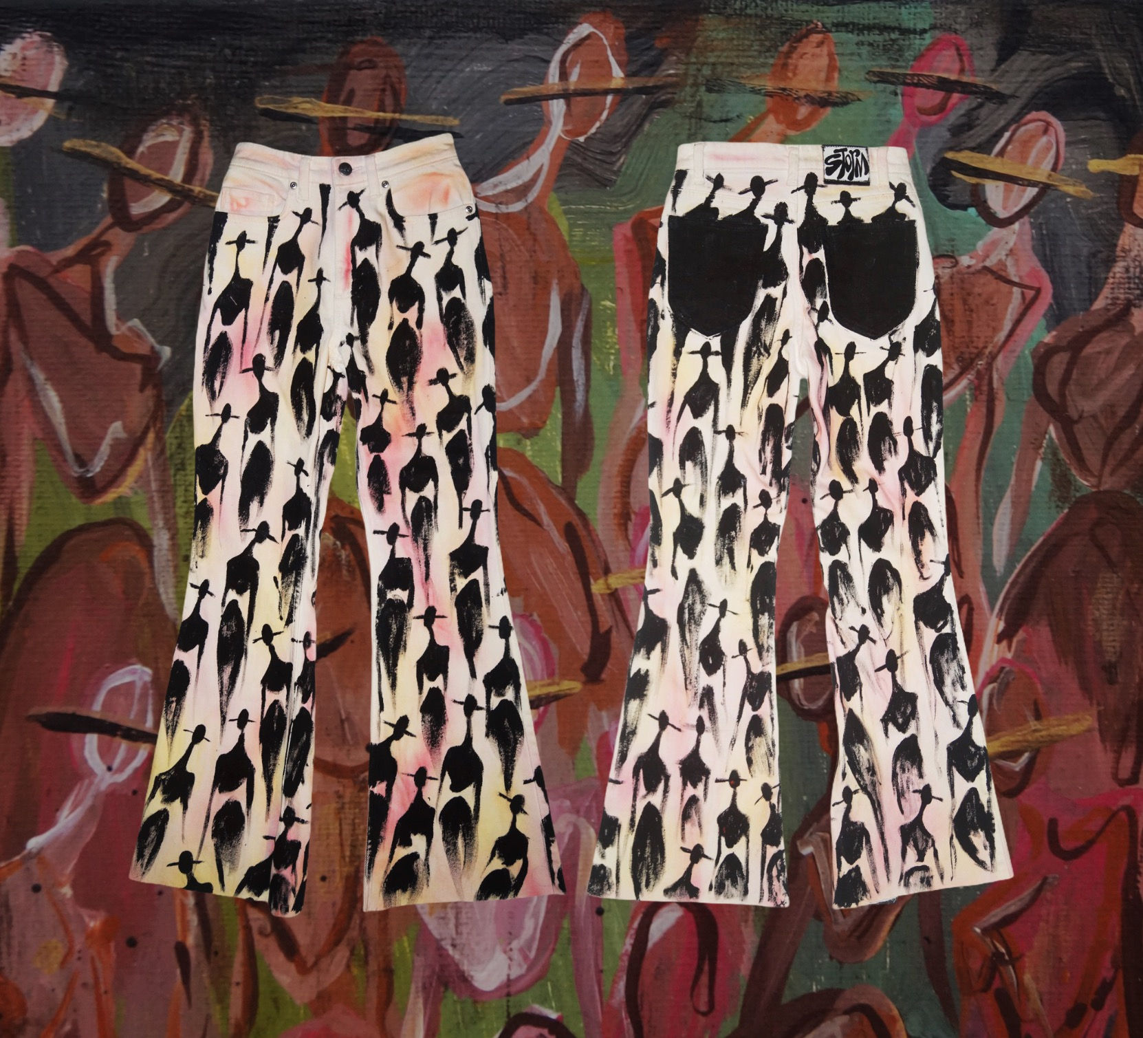 XS - "The Cool People Ascend" Painted Tie Dye Denim Bell Bottom