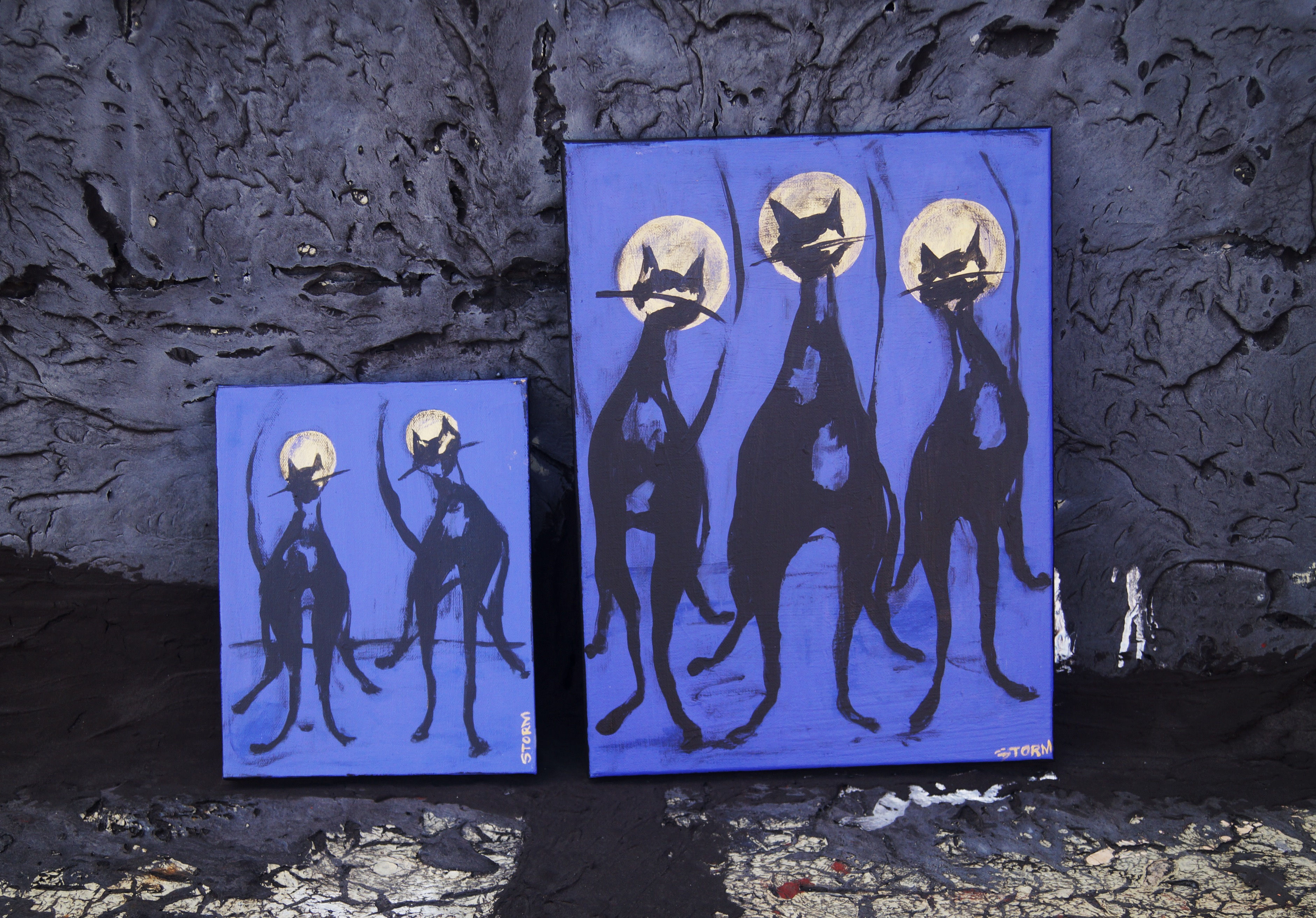 "The Cool Cats, Duo at Midnight" - Acrylic on Canvas (8x10)