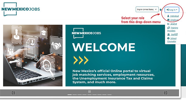 Screenshot of the NM JOBS website with a red circle around the login button and a red arrow pointing to the "Individual" selection in the drop-down menu.