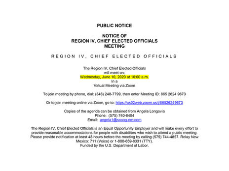 Region IV, Chief Elected Officials Meeting Public Notice