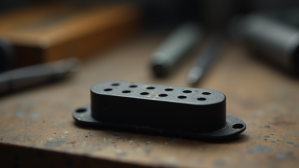 Close-up view of a custom wound guitar pickup on a workbench