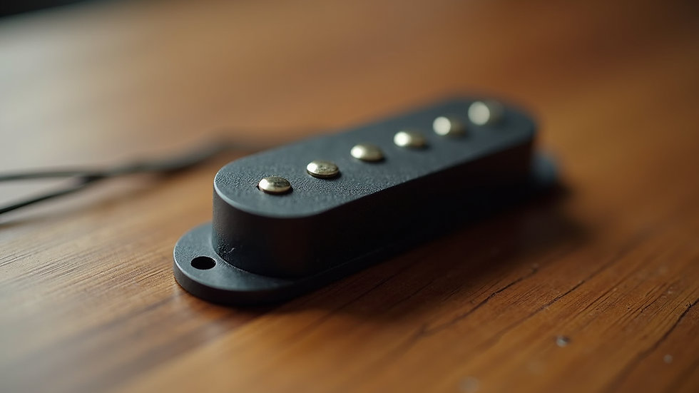 Close-up view of a handwound boutique guitar pickup on a wooden surface
