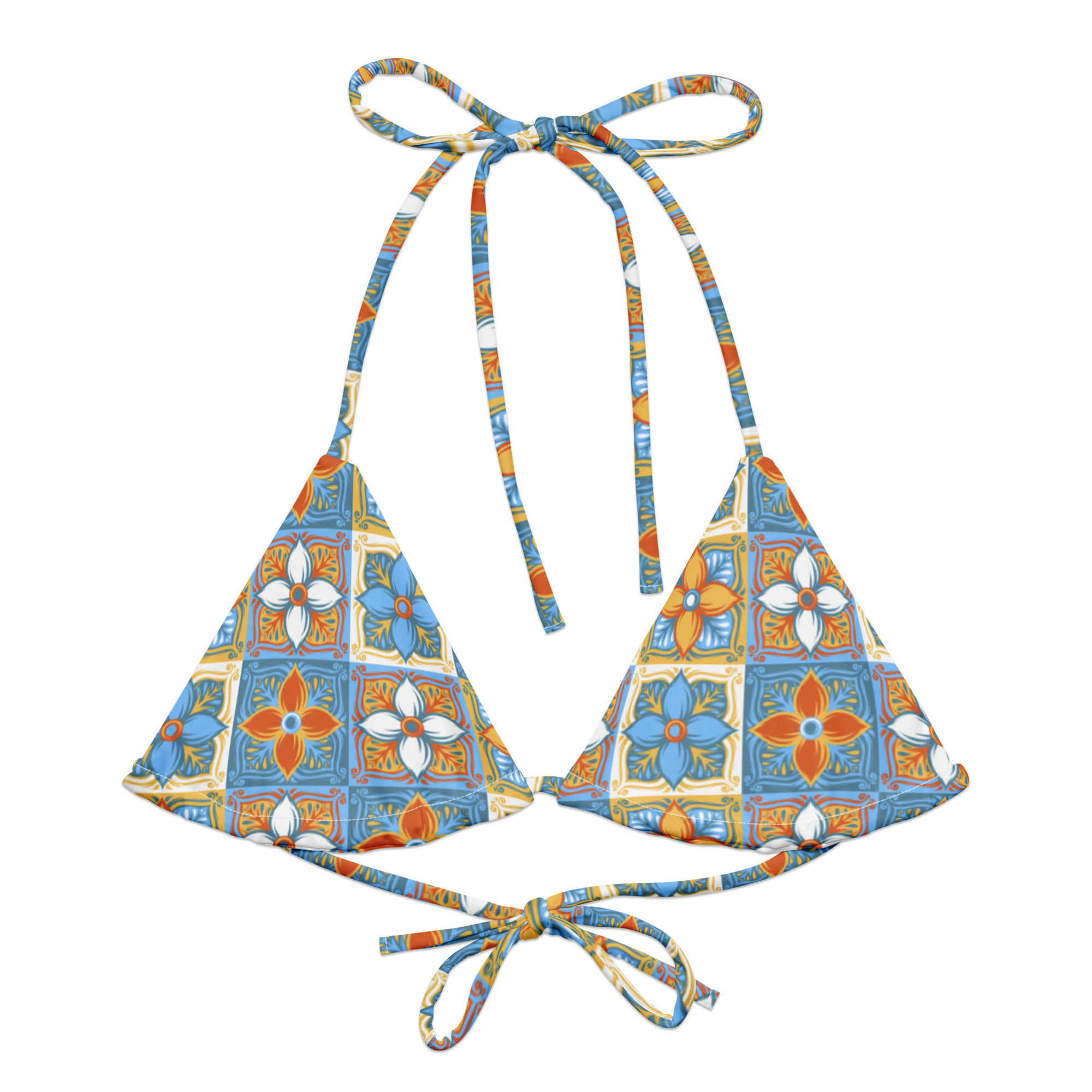 Spanish Tile Pattern All-over print recycled string bikini top