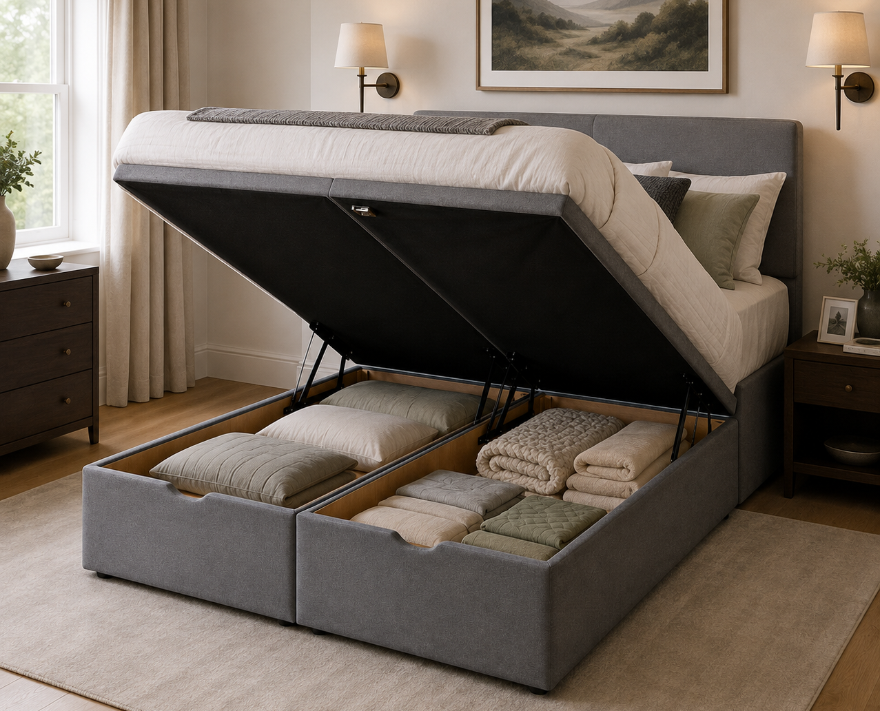 End-lift Ottoman Storage Bed in bedroom with storage