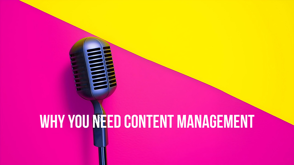 Featured Image in half yellow and have hot pink background, with a microphone and the words" Why You Need Content Management.