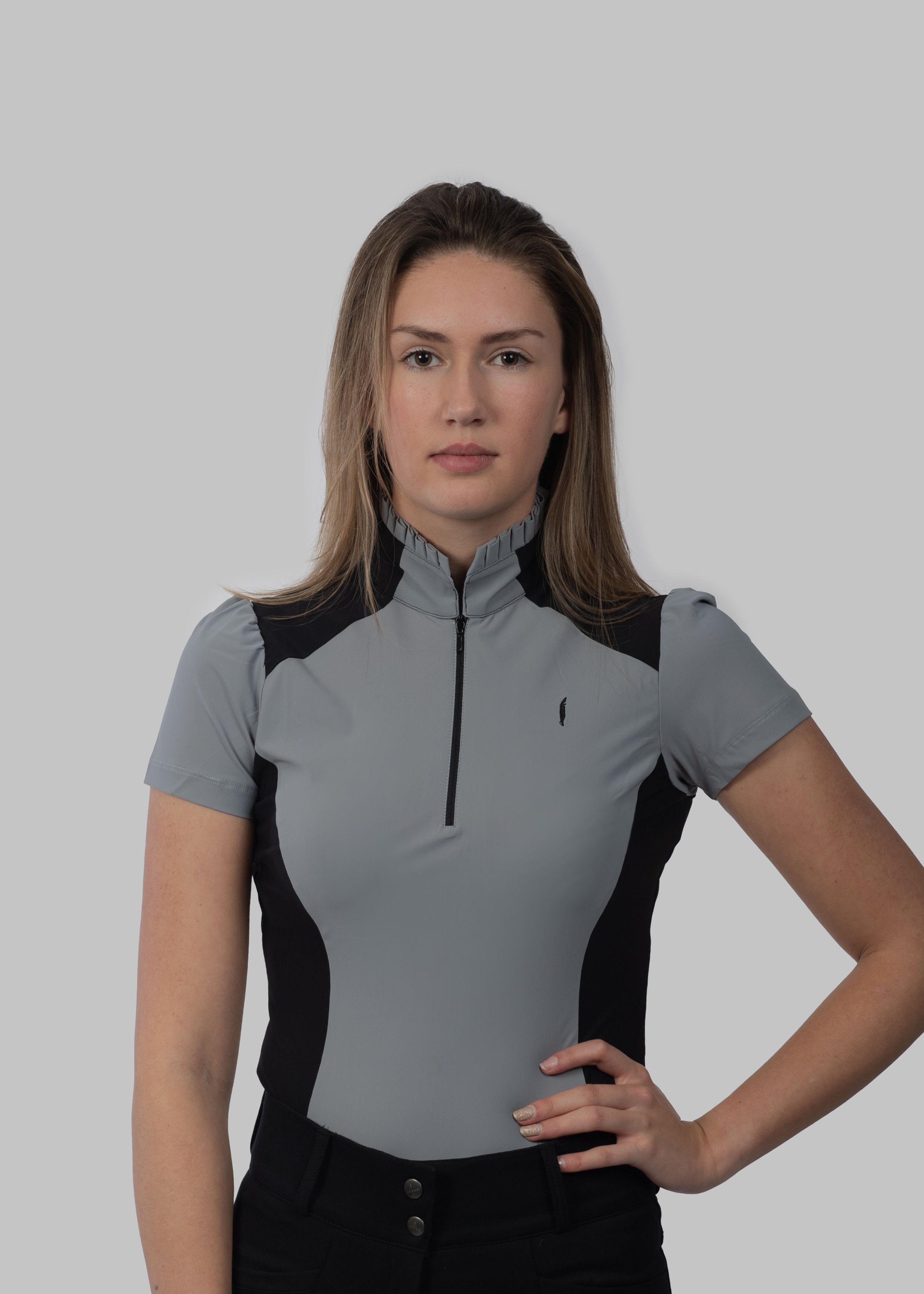 Short Sleeve Zip-up Ruffle Shirt in Grey with Black Details