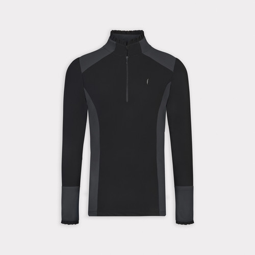 Long Sleeve Zipup Ruffle Shirt in Black with Anthracite Details