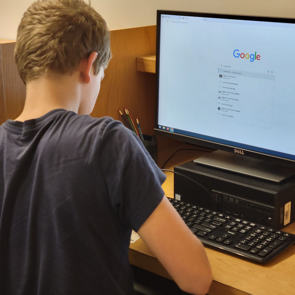 Boy searching the internet at his local library.