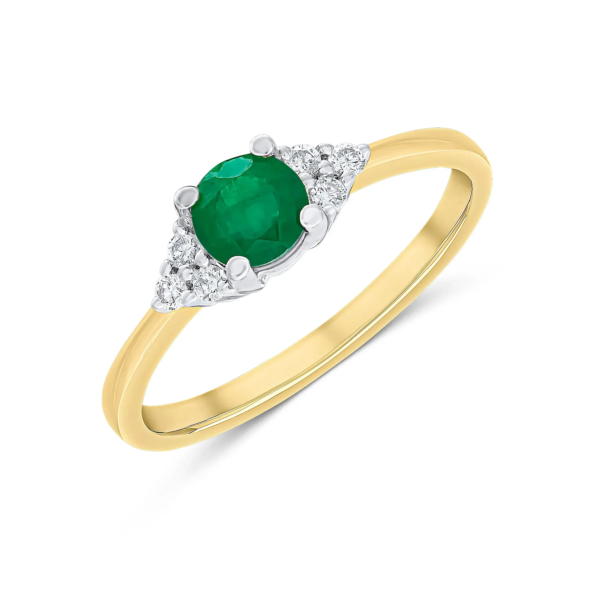 18CT Yellow & White Gold Round Emerald & Diamond Trefoil Ring