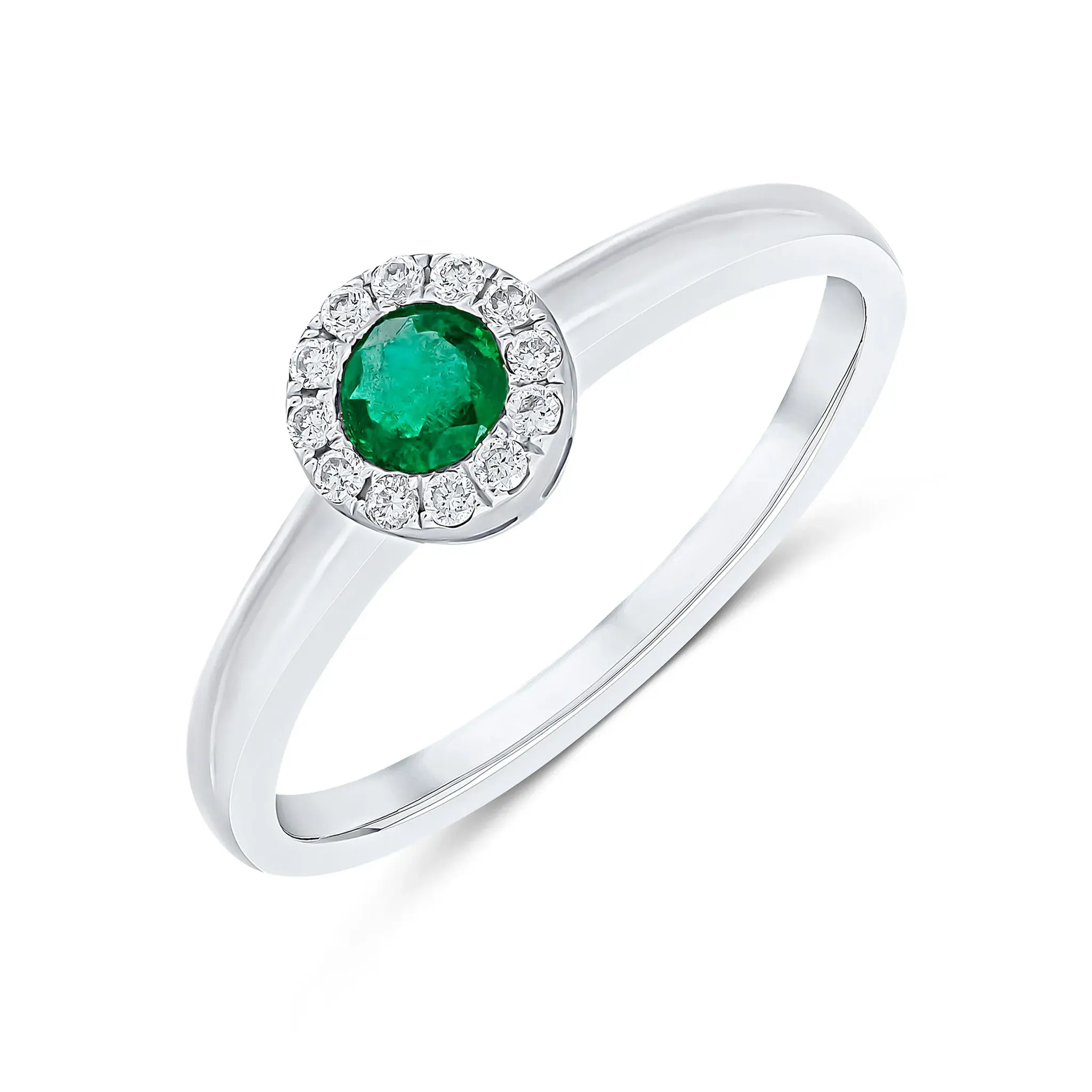 18CT White Gold Round Emerald & Diamond Cluster Ring