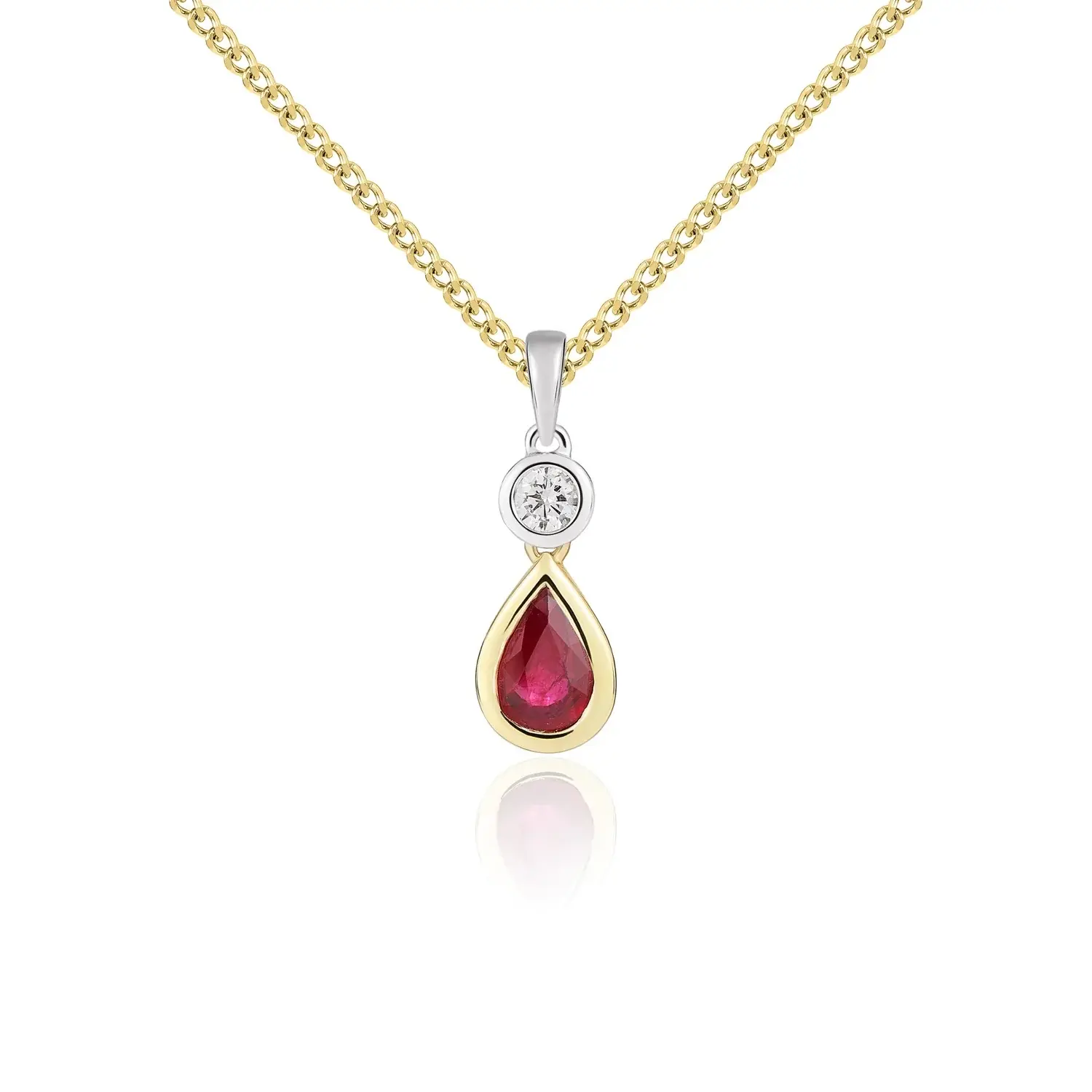 18CT Gold Pear Shaped Ruby & Round Diamond Two Stone Pendant