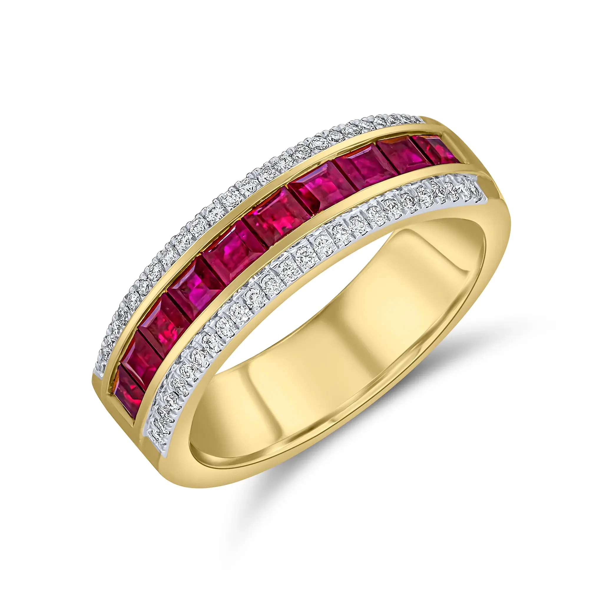 18CT Yellow Gold Channel Set 10 Square Ruby & Claw Set Diamond 3 Row Band Ring18