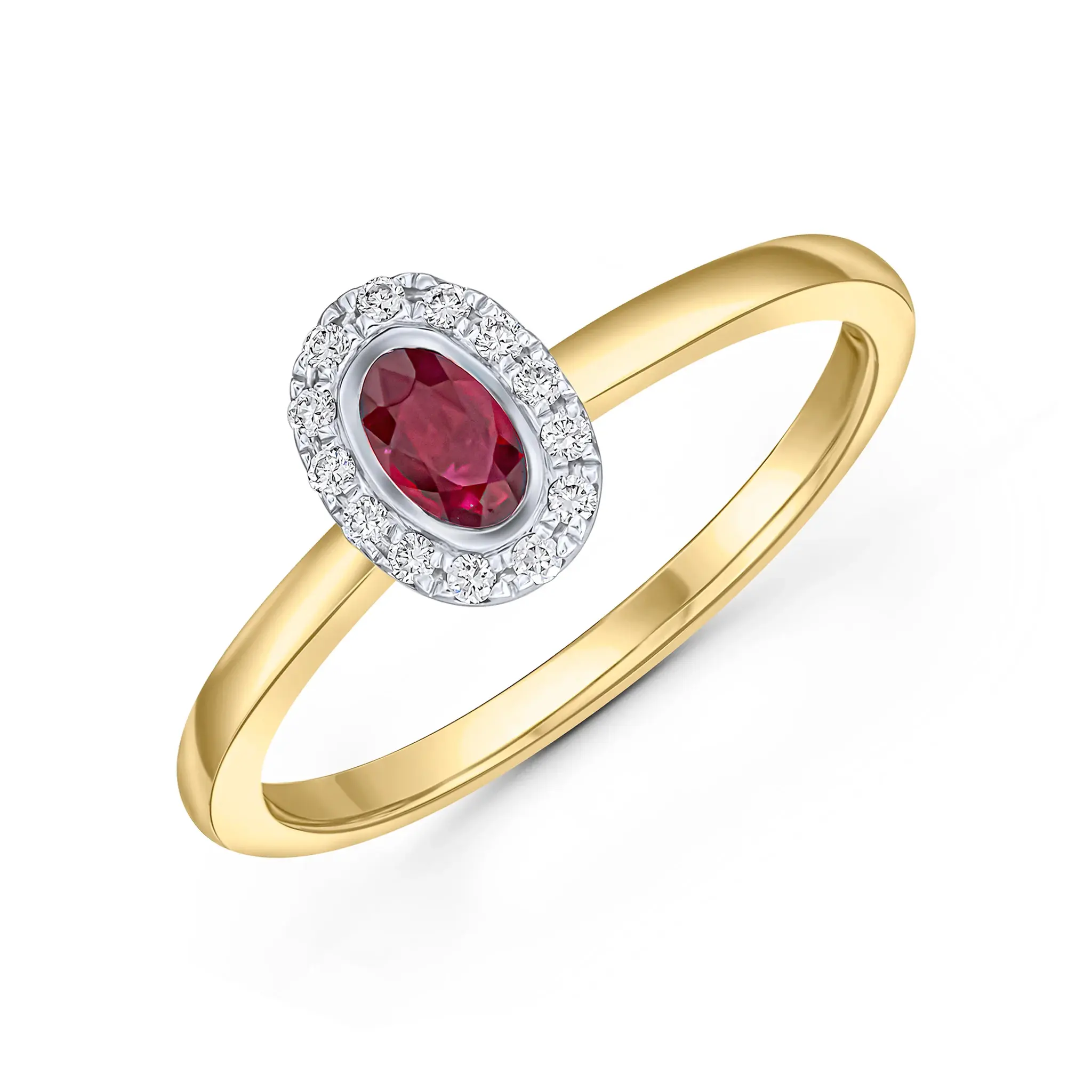 18CT Yellow Gold Rubover Oval Ruby & Round Grain Set Diamond Ring