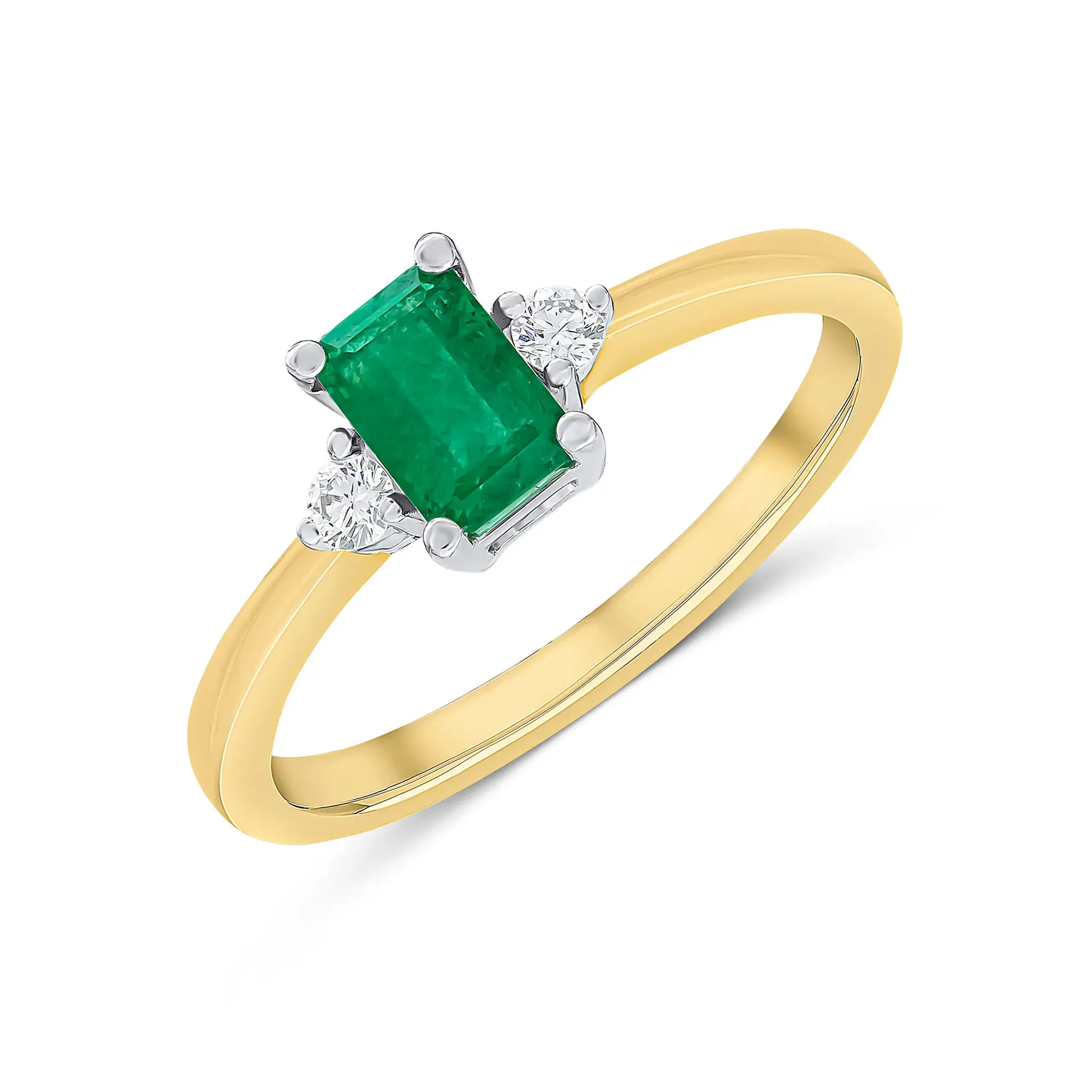 18CT Yellow & White Gold Octagonal Emerald & Round Diamond Three Stone Ring