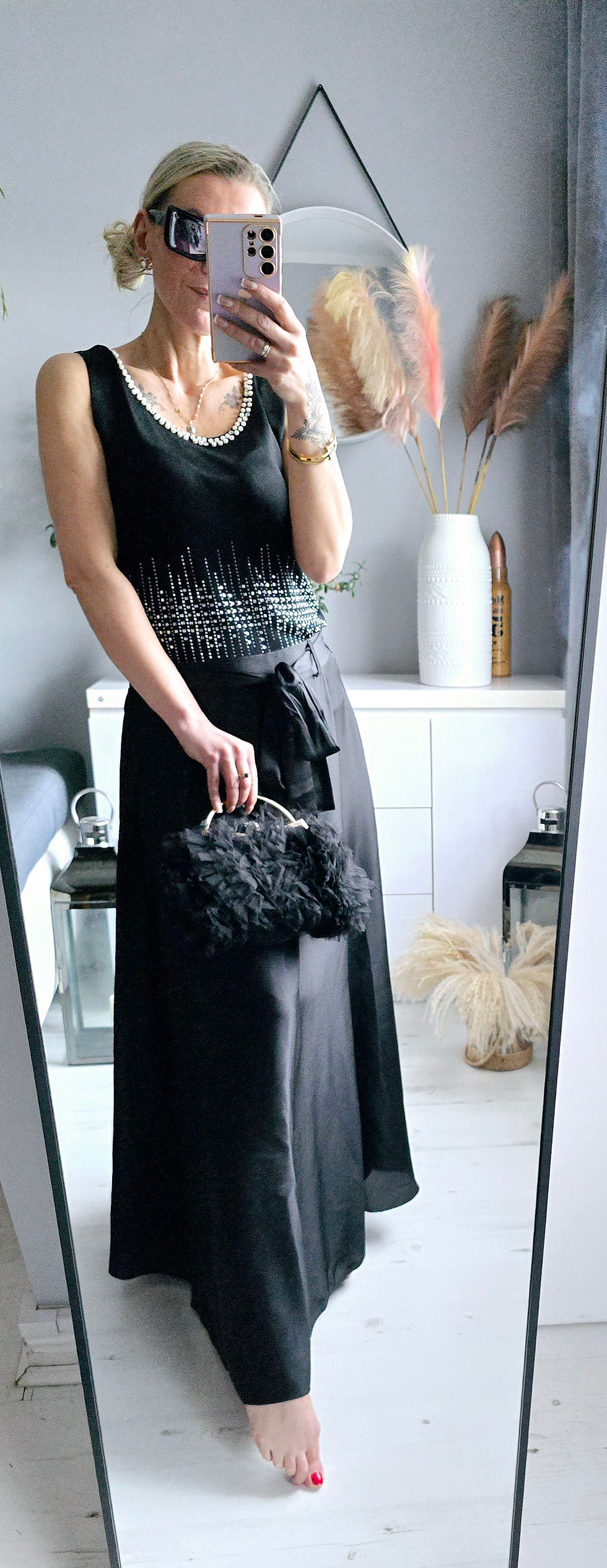 Thumbnail: Satin Long Skirt- black