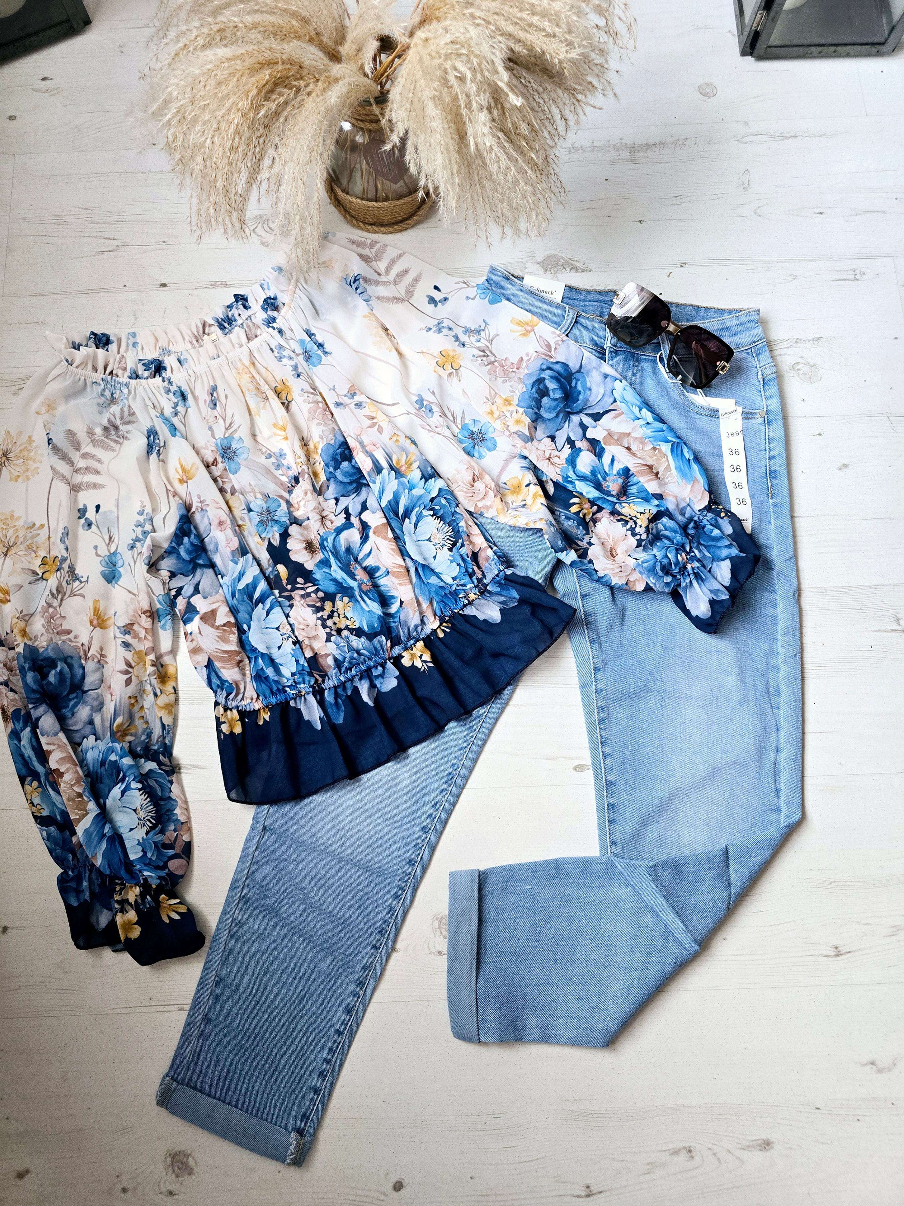 Off Shoulder Blue Flowers Top