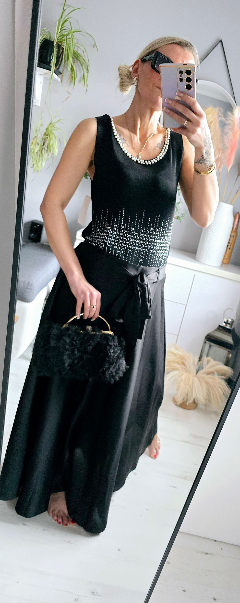 Thumbnail: Satin Long Skirt- black
