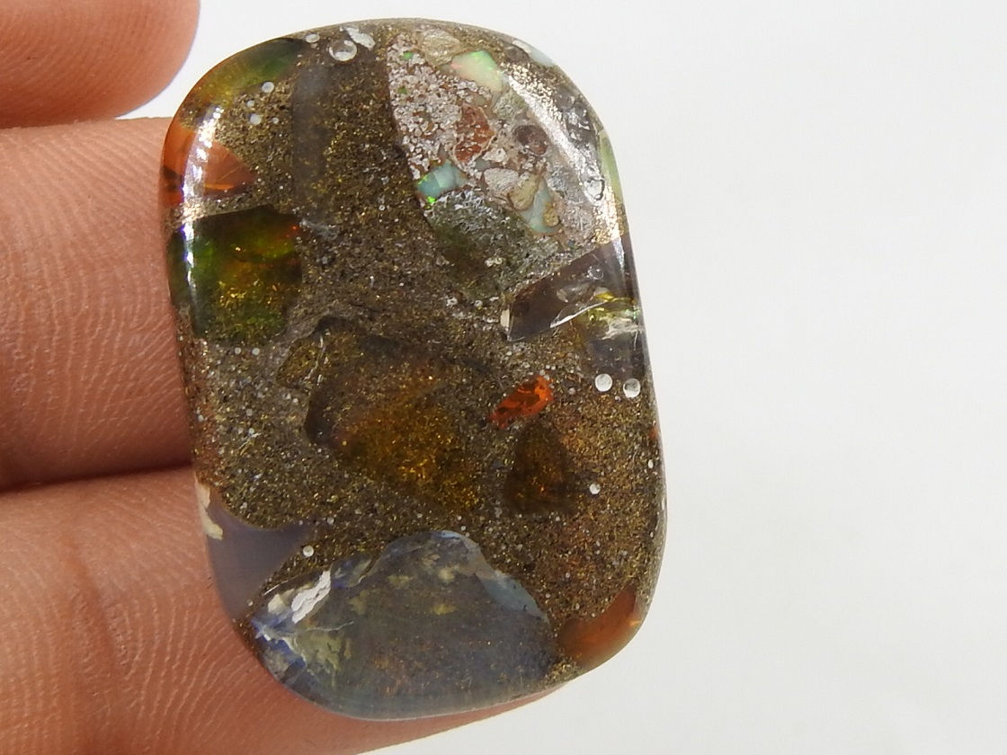 Ethiopian Opal Rectangle Shape Multi Fire Copper Cabochon