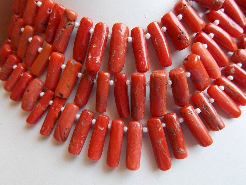 Red Coral Smooth Long Stick Cabochon Briolette/6Inches Strand 18X7To12X5MM