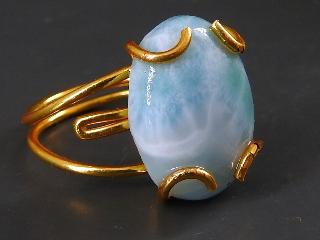 Larimar Smooth Cabochon 14K Gold Polished Wire Wrapping Copper Rings