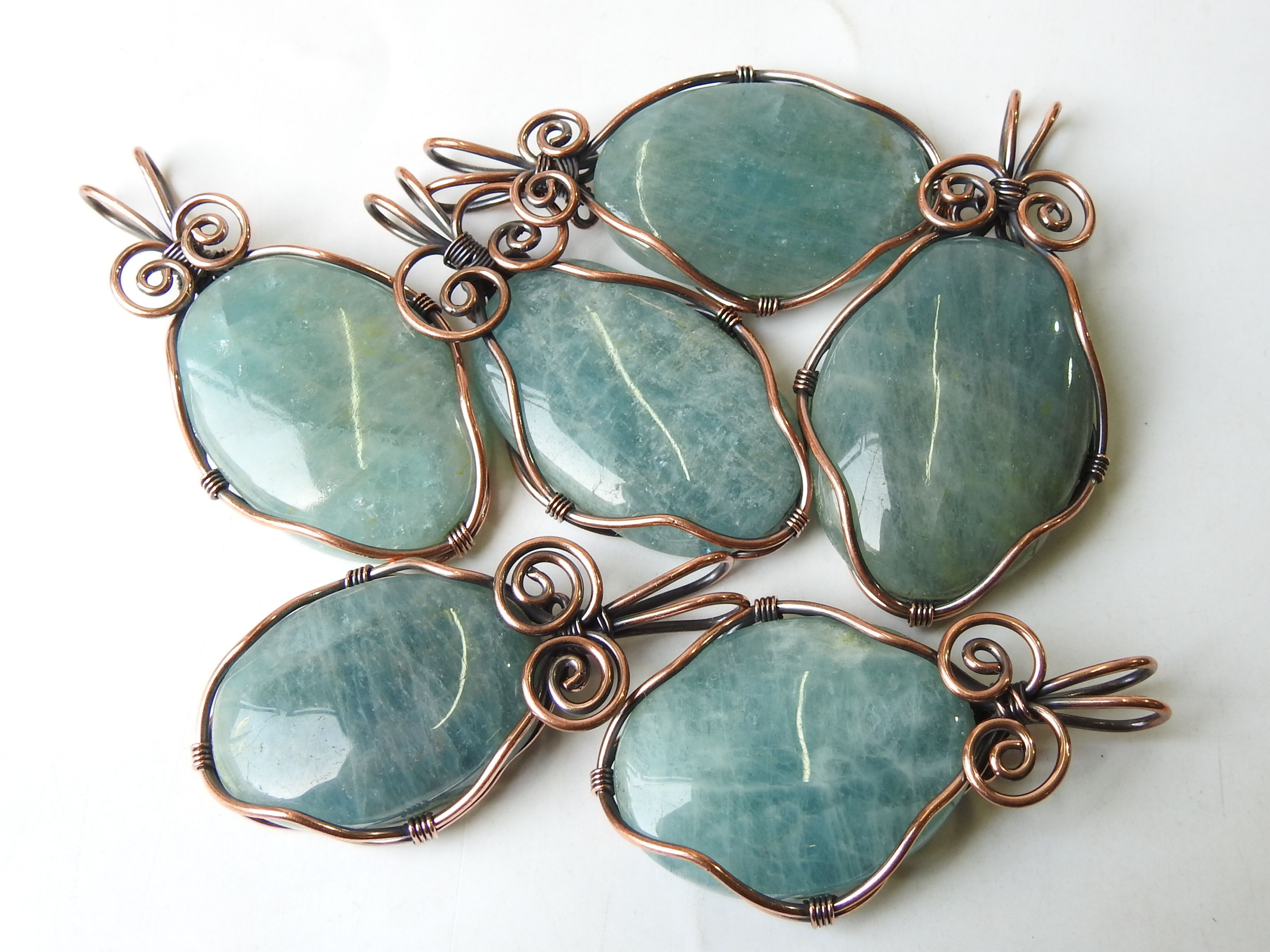 Aquamarine Smooth Cabochon Wire Wrapping Copper Pendent