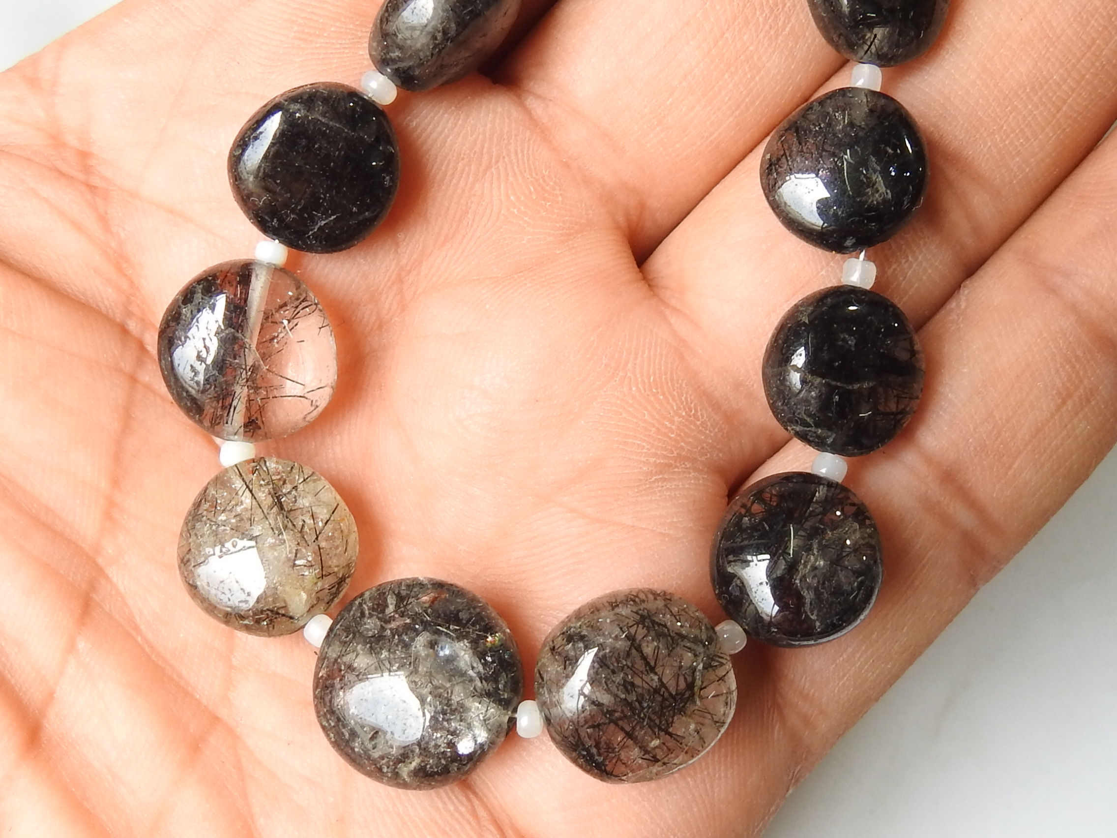 Black Rutile Quartz Smooth Coin Bead/8Inches 10To13MM Round Approx/WM-B3