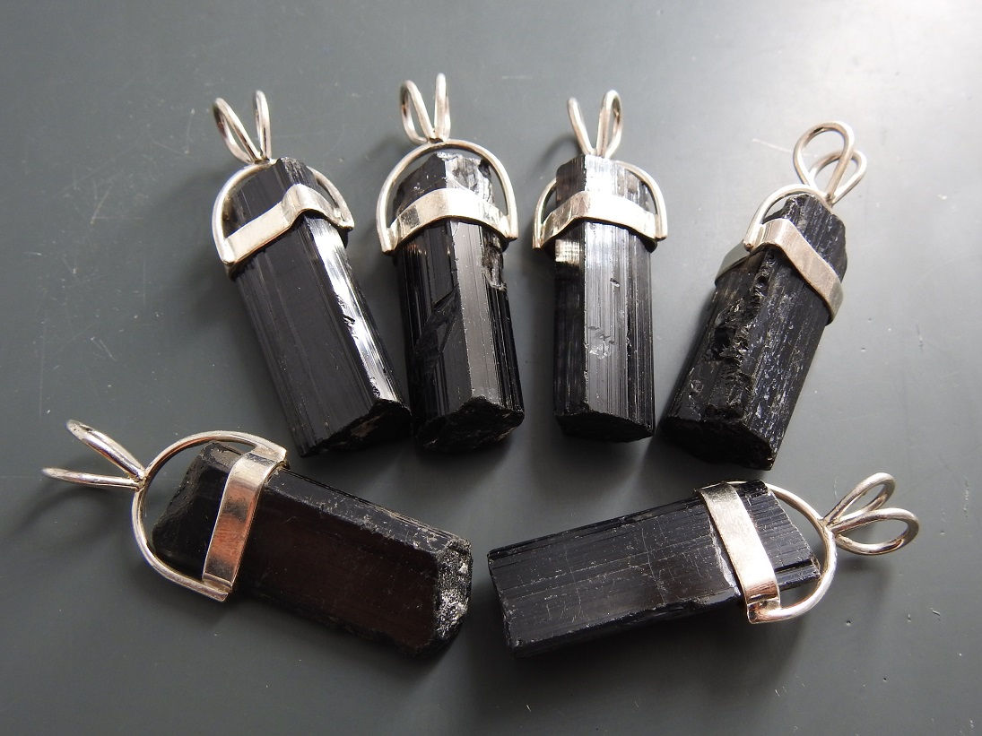 Black Tourmaline Natural Crystal Rough 925Sterling Silver Pendents