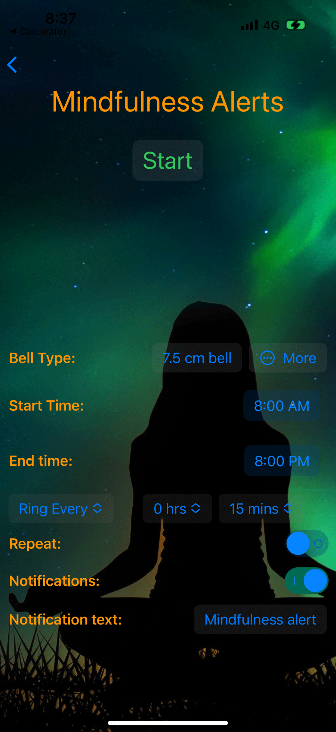 Highly configurable mindfulness alert settings.
